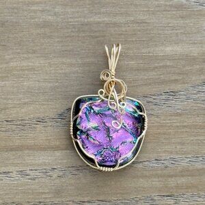 Handcrafted Dichroic Glass Pendant Purple Green Gold Tone Wire Wrap
